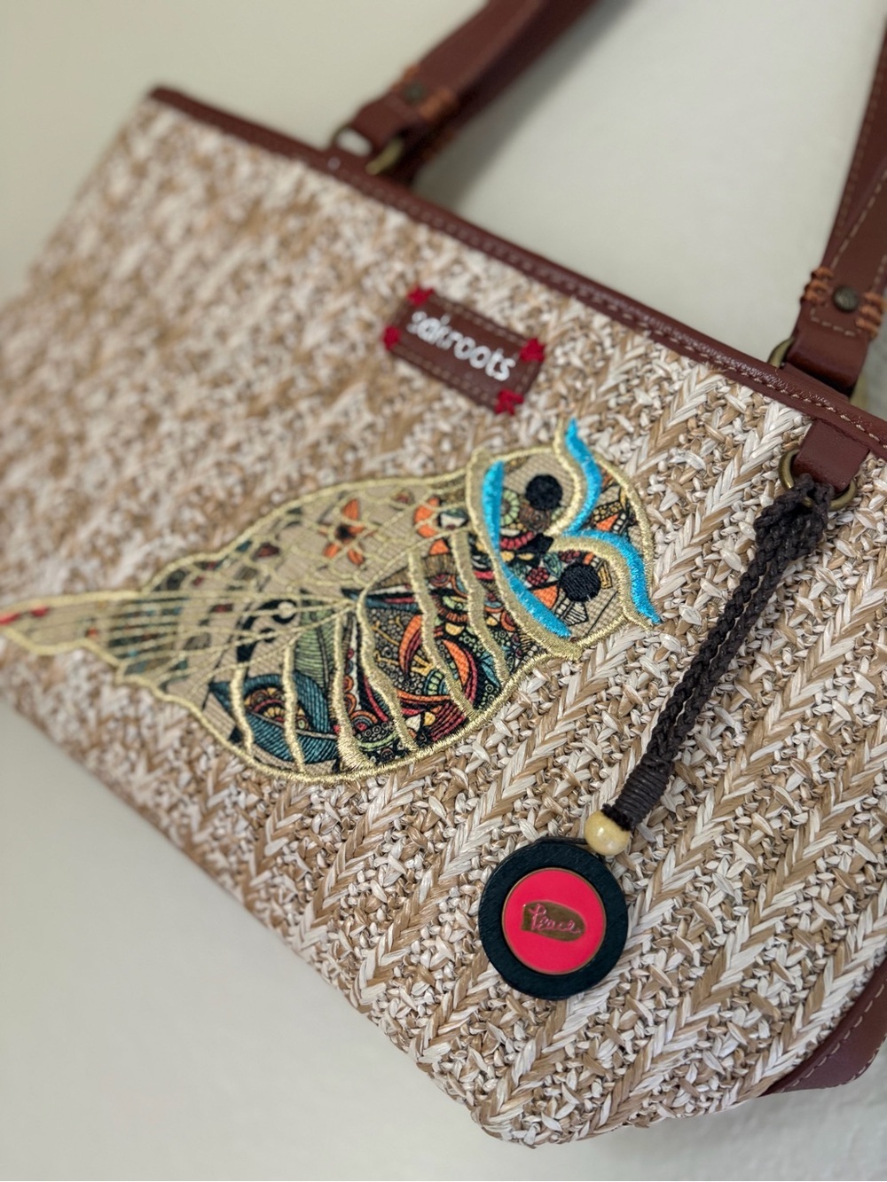 Sakroots Owl Straw Tote Shoulder Bag Woven Raffia Peace Charm Boho - Picture 3 of 15